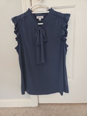 Calvin Klein Blue Tie-Neck Ruffle Sleeve Blouse